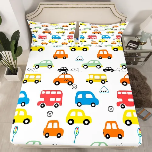 Miniatura 4 de Juego de sábanas de coche de dibujos animados para niños, niños, adolescentes, decoración de dormitorio, sábanas de taxi autobús con sábana bajera