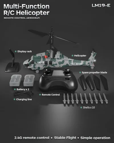 Miniatura 8 de Helicóptero RC, LM19-E Helicóptero de control remoto de 2.4 GHz con 10 misiles lanzables, luz LED, retención de altitud, despegue con una tecla
