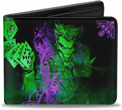 Buckle-Down Cartera de piel sintética con hebilla de plumón para hombre diseño de The Joker Card Flipping Poses color negro verdesmorados multicolor