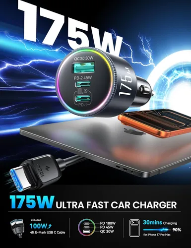 Miniatura 2 de JOYROOM Cargador de coche de 175 W USB C de carga rápida [GaN] Cargador de encendedor de cigarrillos de coche de 3 puertos con cable USBC, cargador