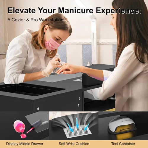 Miniatura 3 de Mesa de manicura con colector de polvo eléctrico, estación de manicura versátil con parte superior de vidrio para tecnología de uñas, incluye cojín
