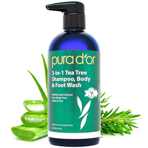 PURA D'OR Champú de árbol de té 3 en 1 de 16 onzas, lavado corporal y de pies, champú - Cuidado total del cuerpo - Olor de pies e higiene diaria,