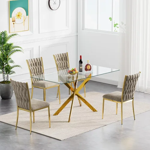 Miniatura 29 de Juego de mesa de comedor de cristal para cocina de 4, 5 piezas, mesa de comedor rectangular de 51 pulgadas con 4 sillas de cocina de terciopelo