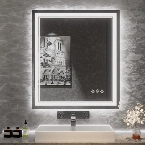 Miniatura 30 de Espejo LED, 20 x 28 pulgadas, gradiente frontal y retroiluminado LED, espejo de baño LED de 3 colores regulables CRI>90, IP54, espejo de baño