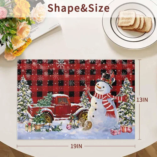 Miniatura 5 de Juego de 6 manteles individuales de Navidad, diseño de camión y muñeco de nieve, color rojo y negro, manteles individuales de lino, manteles
