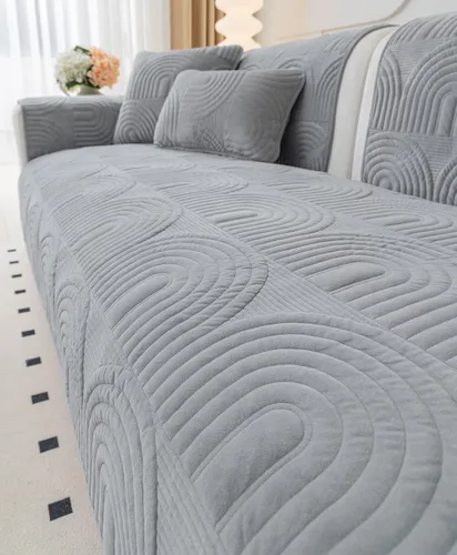 Miniatura 6 de Funda de sofá geométrica de granja para sofá, funda de terciopelo suave acolchada para sofá seccional, funda de sofá antideslizante para sofá, Gris