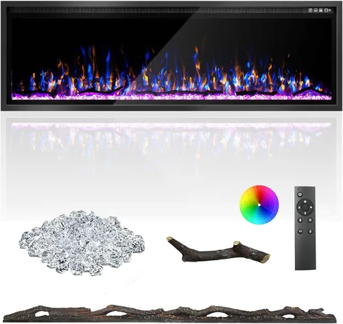 Miniatura 11 de Kucreiheat Chimenea eléctrica de 42 pulgadas, marco de aluminio, chimenea empotrada/montaje en pared, tronco, madera flotante y opción de cristal
