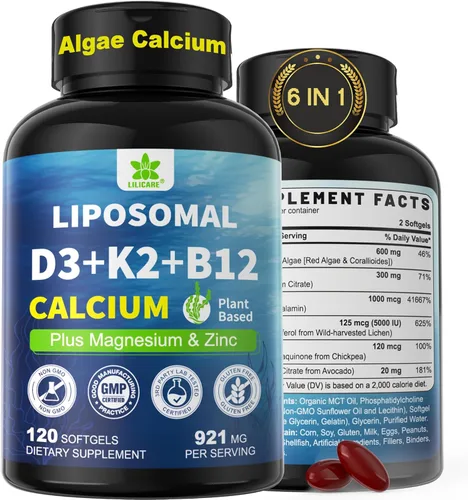Miniatura 9 de Suplementos de Calcio a Base de Plantas 6-en-1 para Mujeres y Hombres - Calcio 600mg con D3 K2 5000 UI de Vitamina, Calcio Liposomal y de Algas
