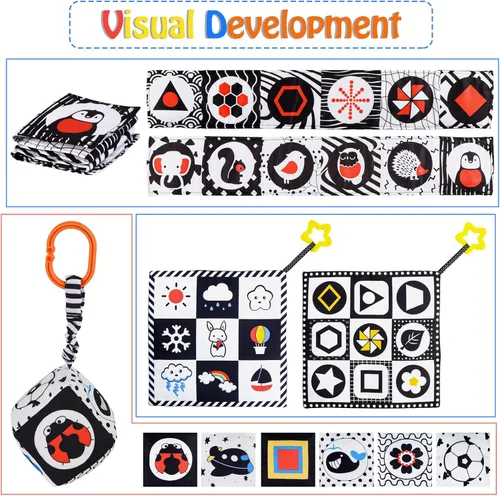 Miniatura 2 de SAMMAS 3 piezas de juguetes para bebés en blanco y negro de alto contraste de 0 a 6 meses para recién nacidos, libro blando sensorial para bebés