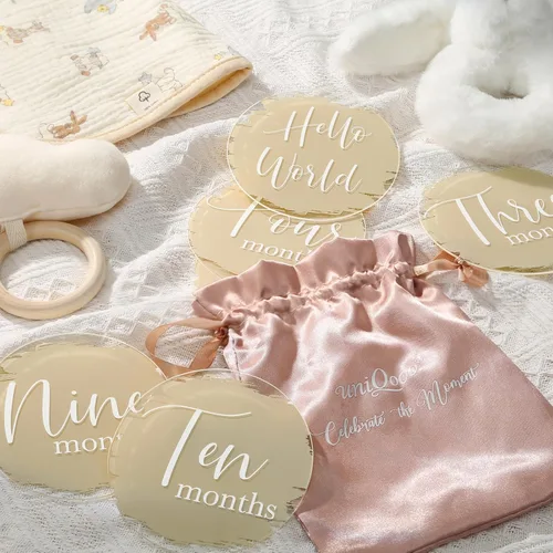 Miniatura 5 de UNIQOOO 13 tarjetas mensuales de hitos para bebés de 4 pulgadas con estampado beige, discos de accesorios para fotos, letrero de crecimiento redondo