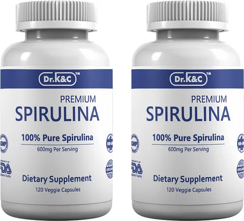 Dr.K&C Suplemento orgánico de superalimento de espirulina – Microalgas verdes azules naturales puras 600 mg 240 cápsulas vegetales Salud Sistema