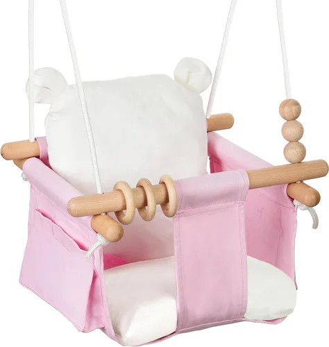 Miniatura 8 de Asiento de columpio colgante para bebé, silla de juguete de lona para niños pequeños con 2 bolsillos laterales para juegos en interiores, deportes