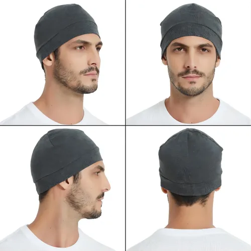 Miniatura 5 de Headshion Gorras de algodón con diseño de calavera para hombres y mujeres, paquete de 2 gorros ligeros para dormir, transpirables, forro para casco