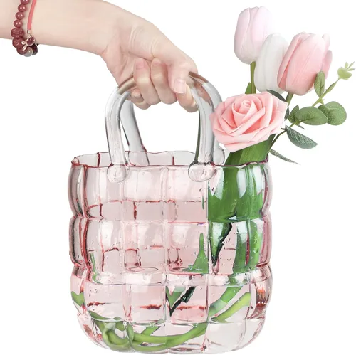 Jarrón único de color rosa para flores, 11 pulgadas, hecho a mano, grueso, con burbujas, de cristal, con color degradado para decoración del hogar.
