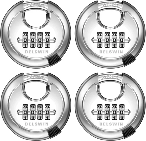 Miniatura 17 de DELSWIN Cerradura de combinación de disco de 4 dígitos para exteriores, candados de combinación resistentes con grillete de acero endurecido Negro 2