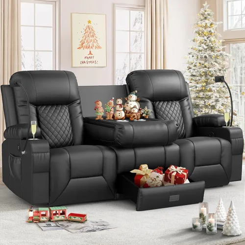 FURNIMAT Sofá reclinable biplaza, sofá reclinable doble de 3 plazas con consola abatible, moderno sofá biplaza de cuero PU para sala de estar/casa