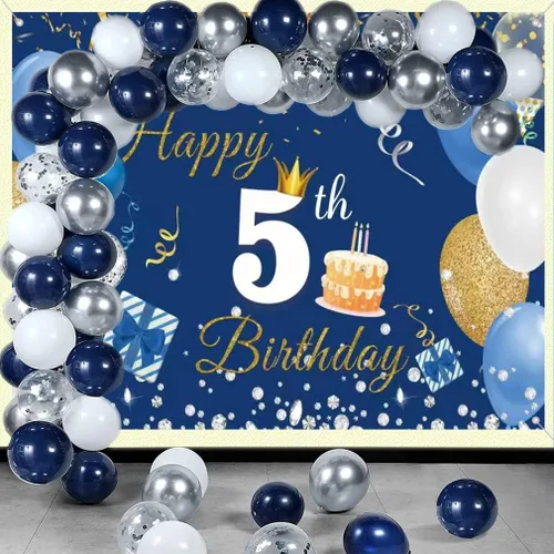Miniatura 4 de Cartel de fondo de 5º cumpleaños para niños y niñas, azul, 59 x 35.4 pulgadas Póster de tela con letrero de fondo, suministros de fiesta de quinto