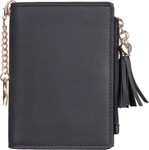 Miniatura 5 de Gostwo Mini monedero delgado plegable para mujer con borla y bolsillo con cremallera para monedas, Negro con llavero, Moda