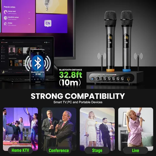 Miniatura 5 de Sistema de micrófono inalámbrico Micrófono dinámico inalámbrico UHF Micrófono de mano inalámbrico de doble canal con Echo Bluetooth Control