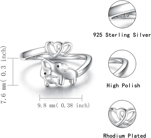 Miniatura 6 de Anillo de elefante de plata de ley 925 ajustable con corazón de amor para mujeres, esposa, mamá, nana hija, regalo de joyería, Metal, no conocido