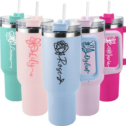Miniatura 10 de ThermoThrill Se envía al día siguiente, vaso personalizado de 40 onzas con asa y pajita Vaso personalizado con texto Taza de acero inoxidable