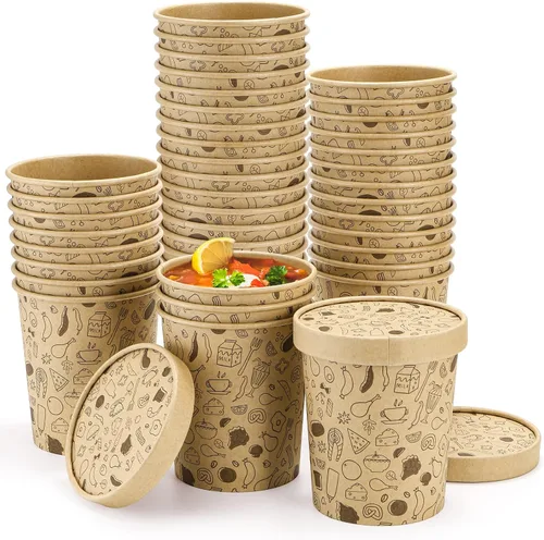 Miniatura 10 de Cedilis Paquete de 50 recipientes de papel con tapas, recipiente de sopa de papel para llevar, vaso desechable de estraza para sopa fría o caliente