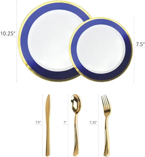 Miniatura 4 de Platos de plástico elegantes desechables de 125 piezas en blanco, azul y dorado con cubiertos, vajilla elegante para bodas, fiestas navideñas, juego