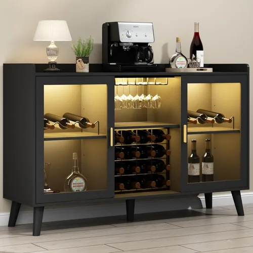 Loomie - Gabinete de barra de vino con luz LED, gabinete de café para el hogar con estante de vino y soporte para vasos, aparador de buffet de