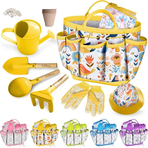 Miniatura 8 de Juego de herramientas de jardinería para niños 18 piezas, juego de jardinería para niños y niñas que incluye bolsa de mano, regadera, delantal