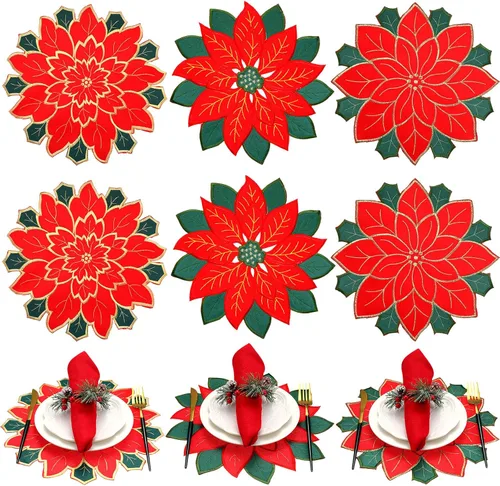 Ziliny 6 manteles individuales bordados de flor de pascua de Navidad de doble capa, manteles individuales bordados con flores rojas, apliques de