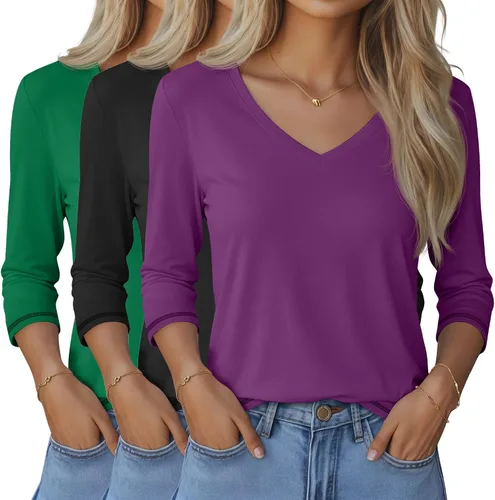 Miniatura 38 de Ficerd Paquete de 3 camisetas de manga 3/4 para mujer, cuello en V, blusas holgadas, blusas casuales, ropa de moda 2026