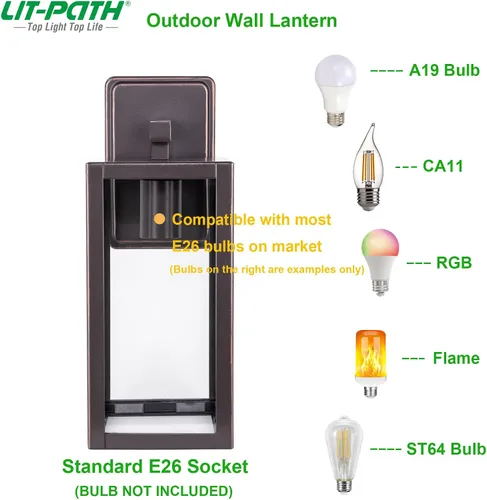 Miniatura 3 de LIT-PaTH Farol de Pared para Exteriores, Aplique de Pared como Accesorio de Iluminación de Porche, Base Mediana E26 Máximo 60W, Metal Antioxidante