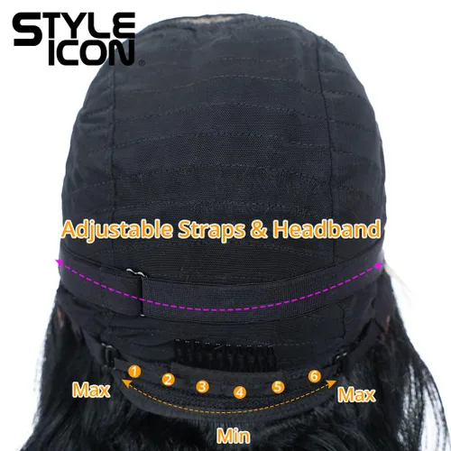 Miniatura 9 de Style Icon - Peluca de encaje frontal negra con parte libre, estilo U, de 24" de largo, ondulada con flequillo, sintética, resistente a altas 1