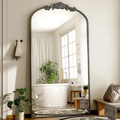 Miniatura 17 de GLSLAND Espejo Vintage - 72" x 44" Espejo de Cuerpo Completo Grande Tallado Arqueado con Marco de Metal Barroco Espejos de Cuerpo Completo para Negro