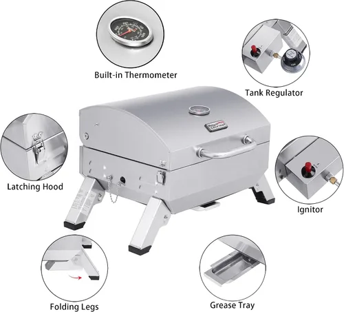 Miniatura 17 de Royal Gourmet GT1001 Parrilla portátil de acero inoxidable, 10000 BTU Parrilla de gas de mesa para barbacoa con patas plegables y tapa
