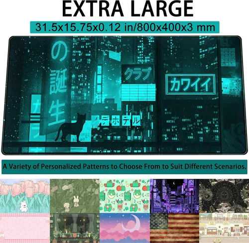 Miniatura 3 de Alfombrilla de escritorio japonesa en cian y verde, alfombrilla de ratón extendida de neón de Tokio con gatos de anime, alfombrilla de ratón XXL