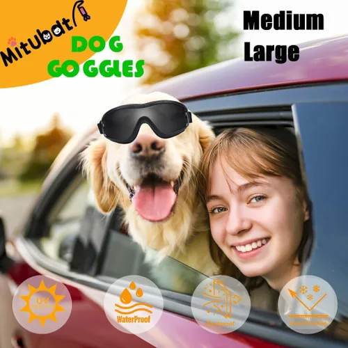 Miniatura 6 de Gafas de sol para perros para mascotas medianas y grandes, protección UV, protección contra el viento, protección contra el polvo, correa ajustable