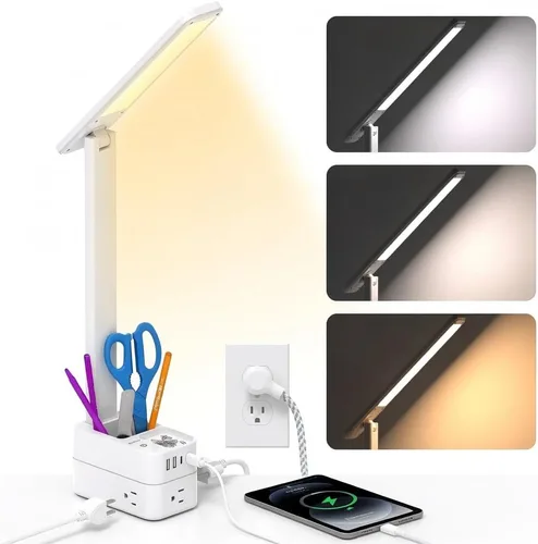 Miniatura 11 de Addtam Lámpara LED de escritorio, tira de alimentación con 3 tomas, 4 puertos de carga USB (2 USBC), 4 modos, lámpara táctil de 5 niveles de brillo