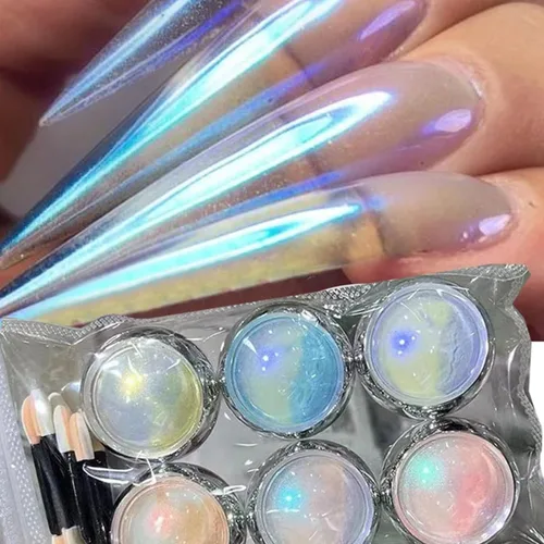 Miniatura 4 de 6 tarros de polvo de uñas cromado de sirena, aurora, brillo metálico, efecto espejo, pigmento, polvo iridiscente, polvo de arte de uñas para mujeres