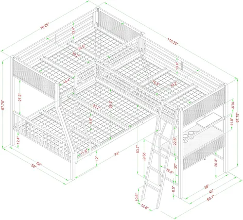 Miniatura 3 de Coaster Home Furnishings Meyers - Litera triple de metal rústico sobre matrimonial sobre individual, base de cama triple con escalera y barandillas