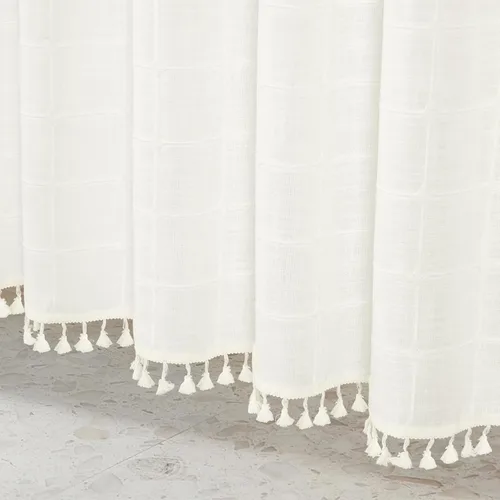 Miniatura 5 de MitoVilla Cortina de ducha extra larga estilo bohemio de color blanco crema, 72 x 84 pulgadas, estilo rústico moderno, de 84 pulgadas, con textura