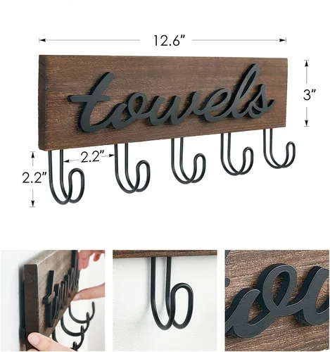 Miniatura 3 de Mkono Soporte de Toallas Montado en Pared, Toalleros para Baño, Decoración de Casa de Campo, Ganchos de Madera Rústica para Toallas, para Colgar