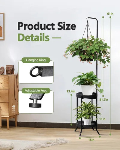 Miniatura 2 de RINBOU Soporte para plantas colgantes para interiores y exteriores, estante esquinero de metal para 3 macetas, 2 niveles de 61 pulgadas de alto