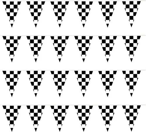 Bandera a cuadros de 50 pies con 24 banderas premontadas en blanco y negro para fiestas de NASCAR, cumpleaños, pared, tribuna