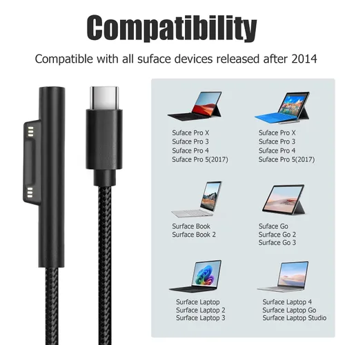 Miniatura 7 de YACSEJAO Cable de carga Surface Pro USB-C de 15 V/3 A, 60 W, conexión de superficie a USB C, cable de carga para Surface Pro 7/6/5/4/3 Go3/2/1 y más