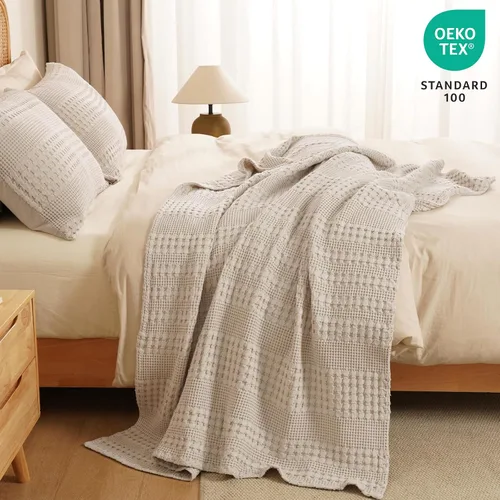 Miniatura 5 de PHF - Manta tejida de punto gofre 100% algodón, suave, ligera, transpirable, acogedora, de verano, para sofá y cama, tejida, estética, decoración 01