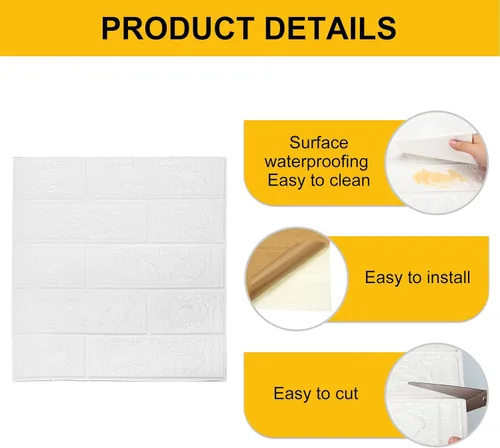 Miniatura 3 de uxcell Paneles de pared 3D para despegar y pegar, 30 piezas de papel tapiz de ladrillo de espuma para dormitorio, panel de pared de piedra Blanco