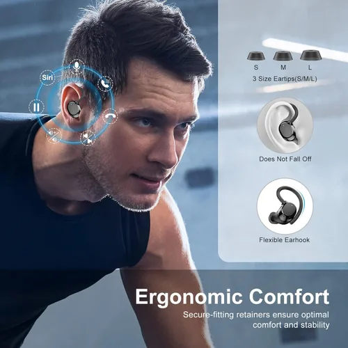Miniatura 6 de Auriculares inalámbricos para orejas pequeñas, auriculares deportivos estéreo de alta fidelidad Bluetooth 5.3 con ganchos para los oídos, Negro