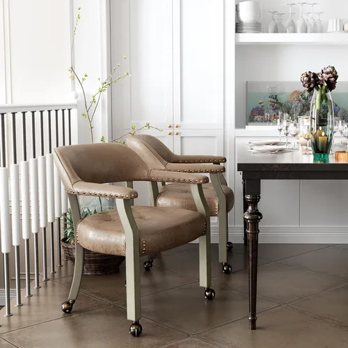 Miniatura 63 de Juego de 8 sillas de cuero de comedor con ruedas y brazos, silla de capitán Accent con ruedas, sillas de madera con ruedas enrollables para cocina