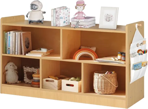 Miniatura 9 de Organizador de almacenamiento de juguetes para niños de 2 niveles, estantería Montessori de madera para niños, armario de almacenamiento de juguetes